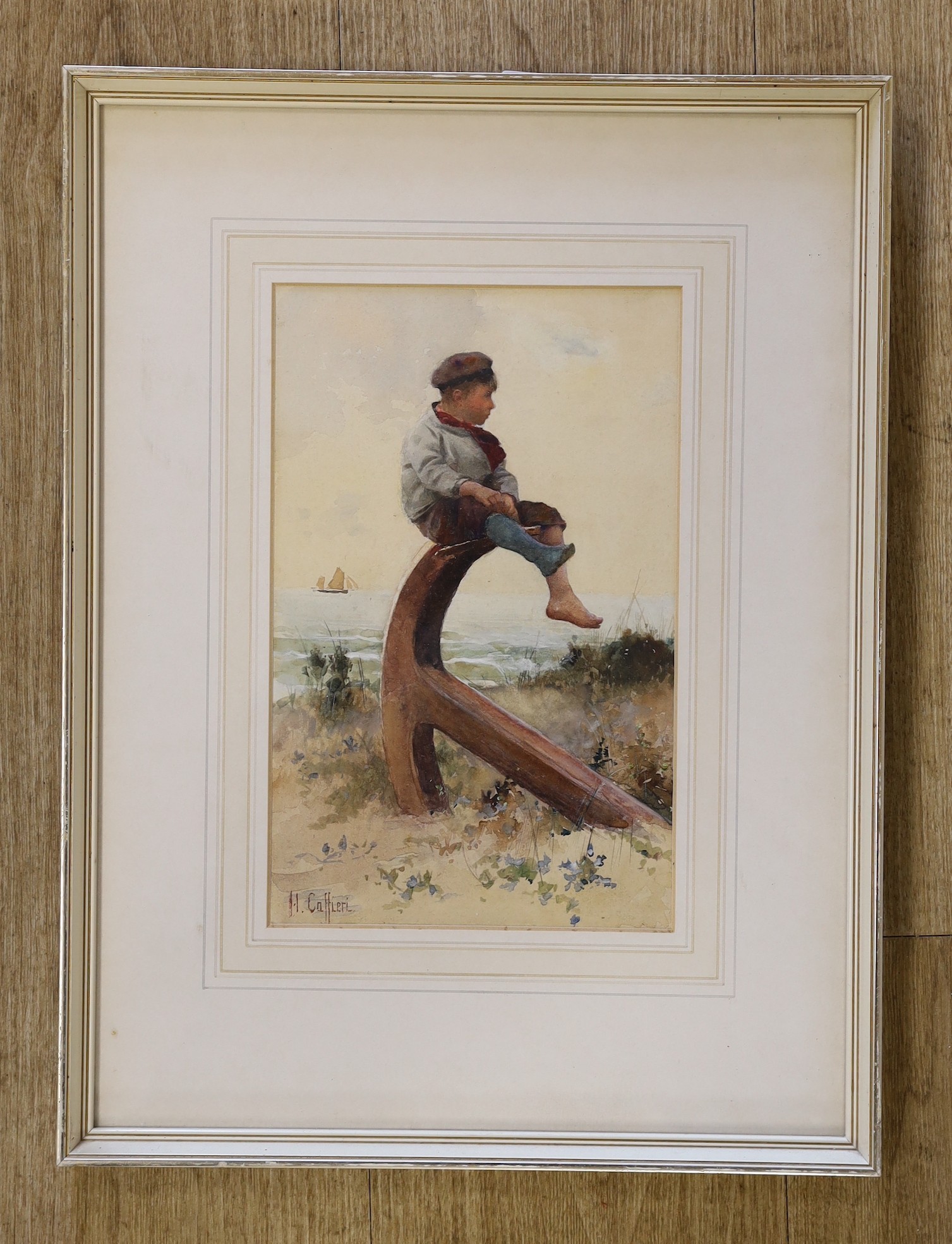 Hector Caffieri, RI, RBA (1847-1932), watercolour, Boy seated upon an anchor, signed, 27 x 17cm